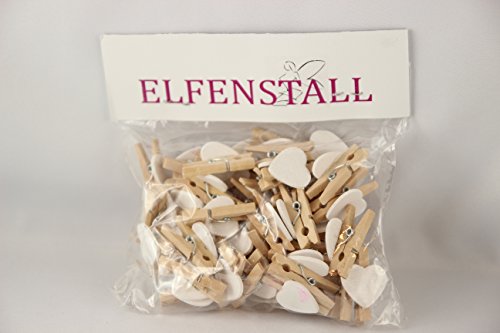 Elfenstall Kleine Mini Holz Wäscheklammern / Holzklammern / Dekoklammern mit Herz für in verschiedenen Farben 50 Stück (Herz weiss) - 2