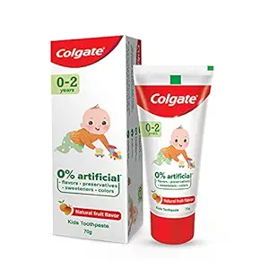 Colgate Enamel Protection Toothpaste for Kids (0-2 years), Natural Fruit Flavour, Fluoride Free,SLS Free - 70g Tube , 0% artificial preservatives, colors or sweetners