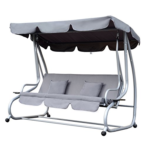 examen Outsunny Balancelle de Jardin 3 Places Convertible Toit imperméabilisé Inclinaison réglable 2 tablettes Support 2L x 1,2l x 1,64H m métal époxy Noir Polyester crème