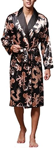 ONAMANO Men's Satin Robe Dragon Chinese Silk Spa Long Sleeve House Kimono Bathrobe