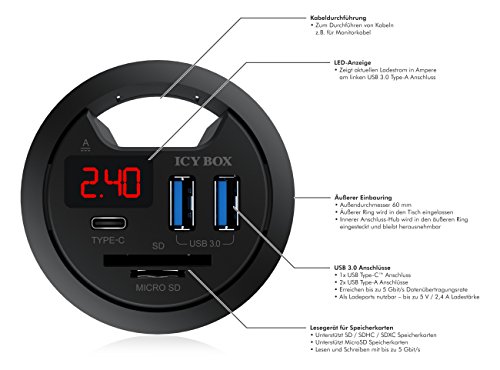Icy Box IB-Hub1404 Tisch-Hub (60 mm) zum Einbau, 2x USB 3.0, 1x Type-C, Ladefunktion, SD-Kartenleser, LED-Display, Kabeldurchführung, schwarz - 5
