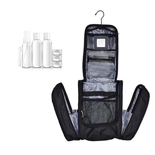 Neceser Extra Grande de Nomalite | Kit de Bolsa de Mano de Colgar, Impermeable XL/Neceser para Hombre y Mujer. Incl. Espejo, Gancho de Metal e Botellas de 100mL en una Funda Transparente extraíble.