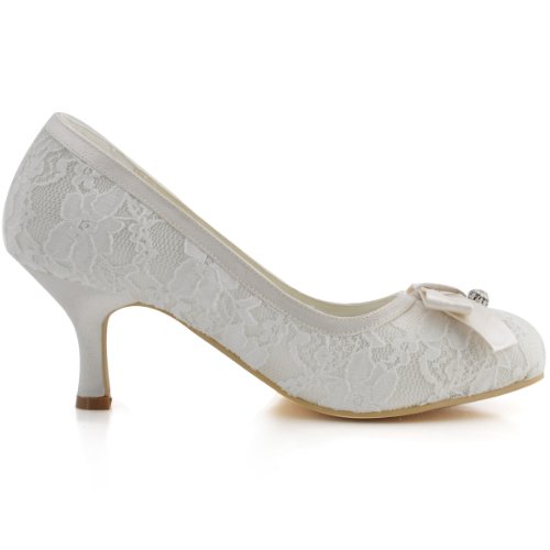 ElegantPark EL-003 Women Round Toe Prom Mid Heels Bow Diamond Lace Pumps Wedding Party Court Shoes Ivory UK 7