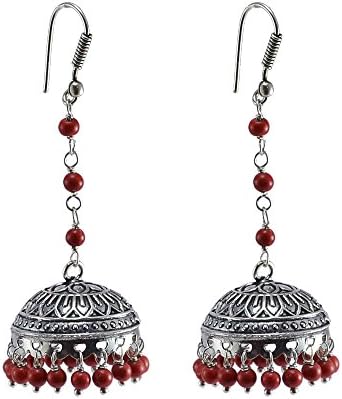 Traditional Style Indian Earrings-Wedding Bells Jhumki-Reconstituted Coral Jhumka-Silvestoo India PG-105217