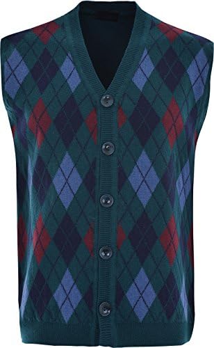 Mens Knitted Sleeveless Cardigan V Neck Front Button Closure Diamond Pattern