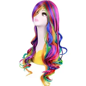 28 Inches 70cm Long Rainbow Color Long Wavy Girls Cosplay Party Wig with Wig Cap (Multicolor)
