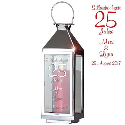 Geschenke zur Silberhochzeit: Hochwertige CILIO Laterne zur silbernen Hochzeit mit Gravur 36cm hoch - personalisiertes Geschenk zum 25. Hochzeitstag - graviert werden 2 Namen und 1 Datum