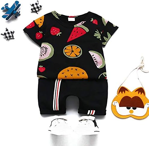 XIERTAI by Hopscotch Girls' Fruit Art Print T-Shirt and Shorts Set in Black Colour