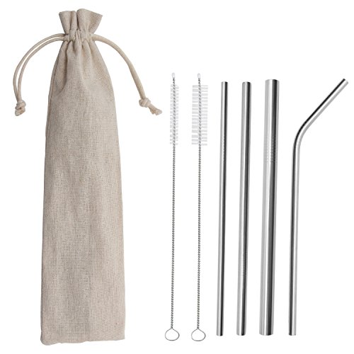 Xcellent Global 6 Pack Edelstahl Strohhalm Wiederverwendbare Metall-Strohhalme (1 Breit, 2 Gerade, 1 Gebogen, 2 Reinigungsbürsten, 1 Tragebeutel) für Smoothies, Yeti, RTIC & Mehr HG181
