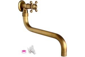KOPYFANTAP Grifo Jardin Largo Vintage,Grifo Pared de Latón Jardin Exterior, Rotación 180° Griferia de Agua Fría para Baño Piscina Fregona,SL-0602, Bronce