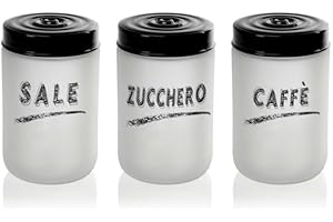 MECSAL CASALINGHI Set 3 Barattoli Contenitori, Tris Sale Zucchero Caffè, in Vetro Bianco Satinato, Cucina Stile Shabby