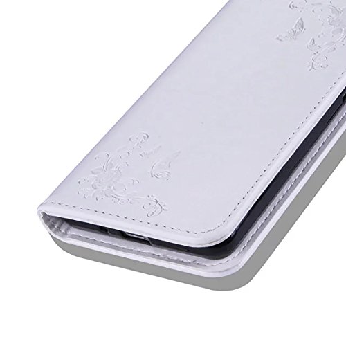 SKYXD für Samsung Galaxy J3 2016 Hülle Leder Rosen Blumen und Schmetterlings Muster,PU Folio Klappbar SchutzHülle [Brieftasche Kartenfach / Magnet / Standfunktion / Trageschlaufe] KlappHülle für mit [Krone Handyanhänger + Eingabestift] 3 in 1 Zubehör Set Handy Tasche Etui für Samsung Galaxy J3 2016 J320F J3 Duos Bookstyle Flip Case Leather Cover With [Stylus and Dust Plug]- Weiß - 6