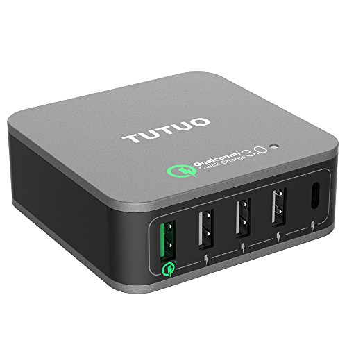 TUTUO Cargador USB C + Quick Charge 3.0 Carga Rápida 40W 5 Puertos Type C Multiladestation Adaptador para iPhone X, Samsung S10 Note 9, Huawei P30 Mate 20, iPad Pro, HTC U11, LG G7, Pixel 3XL (Negro)