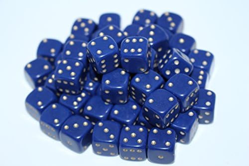 50 Good Quality Dice in Blue with Gold Spots (D6 14mm)