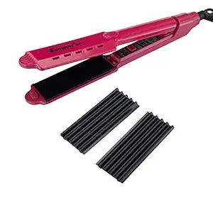 CETC Shinon SH - 8717 2 in 1 Hair Straightener & Hair Crimper Waver with 2 Kinds of Interchangeable Plates Professional Ceramic Styling Iron Smart Temperature Control - Pink