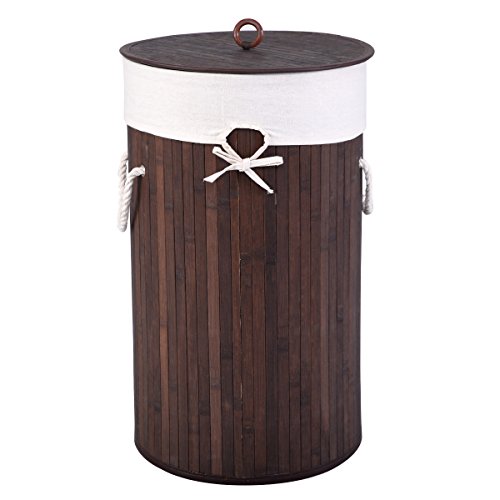 Wäschekorb Wäschekörbe Wäschebox Wäschetruhe Wäschesammler Bambus mit Leinen Kleidersack Wäschetone Wäschewagen 57L (Braun) - 2