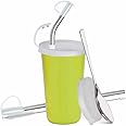 PddFalcon Stainless Steel Glass/ Tumbler with BPA Free Lid, Bend Steel & Straight Straw with Cleaning Brush, 2 Food Grade Caps for Straws and Extra Storage Lid, Spoon, 100% Leak Proof - 370ml (Green)