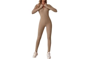 Litthing Femme Combinaison de Sport, Sexy Moulante Vetement de Sport Manches Longues Body de Yoga Tirette Côtelé Tenue d'entraînement Bodycon Élastique Skinny Une Pièce
