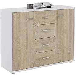 IDIMEX Buffet Elodie, Commode Meuble de Rangement avec 4 tiroirs et 2 Portes, en mélaminé Blanc Mat et décor chêne Sonoma