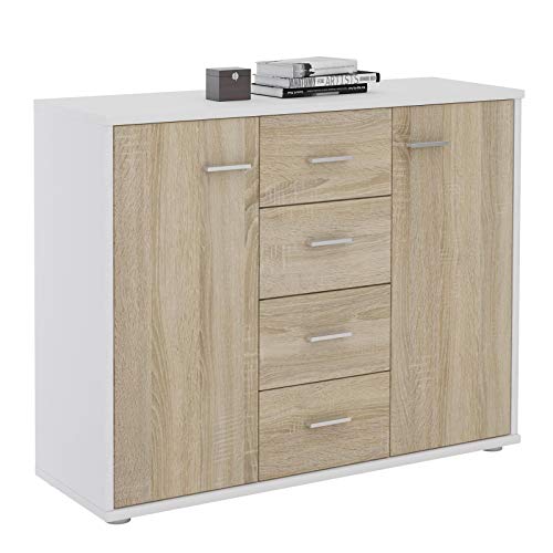 IDIMEX Buffet Elodie, Commode Meuble de Rangement avec 4 tiroirs et 2 Portes, en mélaminé Blanc Mat et décor chêne Sonoma