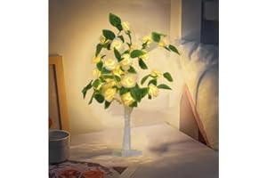 HFHUNGKEONG 21.6Inch Rose Flower Tree Light for Tabletop,Mini Light up Tree Bonsai Tree with White Rose Flower Warm White LEDs, Decorative Tree Lamp for Fireplace Bedroom Wedding Party,Gifts for Valentine Day
