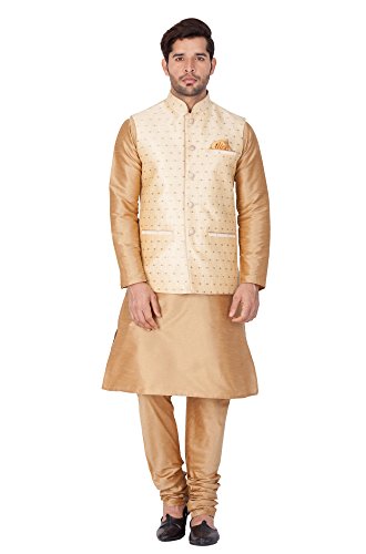 VASTRAMAY Men's White Cotton Silk Blend Kurta, Ethnic Jacket and Pyjama Set