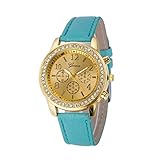 Classic Unisex Herren Damen Armbanduhr Analog Chenang Quarz Schwarz Edelstahl Armband Rosegold Zifferblatt Faux-Chronograph-Quarz-klassische runde Damen-Frauen-Kristall-Uhr (Tiefes Blau)
