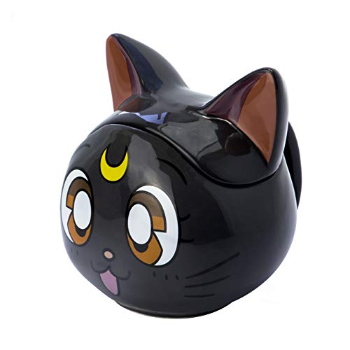 Sailor Moon 3D - Tazza Luna con Coperchio, Stampa in Ceramica, 350 ml, in Confezione Regalo, Colore: Nero