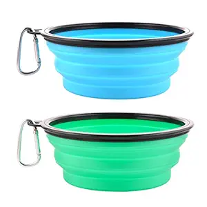 Guardians Large Collapsible Dog Bowls, 34oz Portable Foldable Water Bowls Food Dishes with Carabiner Clip for Travel, 2 Pack (Light Blue + Light Green)