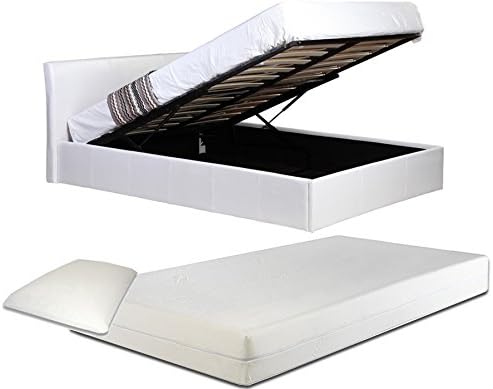 4ft Small Double White Ottoman Lift Up Storage Faux Leather Bed + Luxury Deluxe Spring Tufted Mattress - Also available in Black or Brown - Master Bedroom Childrens Bedroom Teens Bedroom Guest Bedroom - Perfect for storing Shoes DVD's Bedding Clothes