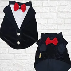 Kitty & The Woof Gang Black and White Velvet Tuxedo with Red Bow in Front and Back for Dogs | Wedding Tuxedo for Dogs | Size S