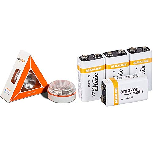 Help flash - Luz de Emergencia autónoma - Señal v16 de preseñalización de Peligro, homologada DGT & AmazonBasics - Pilas alcalinas de 9 voltios de Uso Diario (Pack de 4 uds.)
