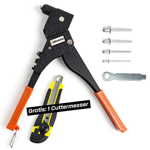 Hinrichs Pince a Rivet - Pince Rivet avec 100 rivets en aluminium - Riveteuse - Pince à Riveter tête Rotative - avec Cutter et clé de montage