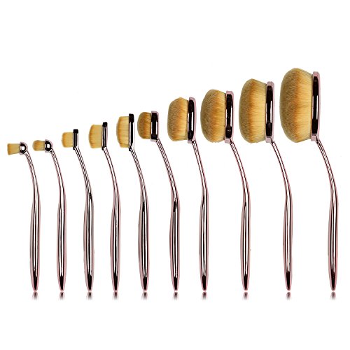 Nestling® Oval Make-up Pinsel Set, 10 Stück Professionelle Foundation Concealer Verblender Pinsel Flüssiges Pulver Creme Kosmetik Pinsel, Zahnbürste geschwungene Make up Pinsel für Gesicht und Augen (Rose) - 3