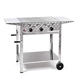 profi edelstahl gasgrill 4 brenner backburner u. kochstelle Lieferumfang: Gehäuse mit Zuleitung, Brenner und Gashähnen | Grillrost (verchromt), Flammabdeckung und Fettauffangwanne | fahrbares Gestell mit Zwischenboden | Abstellplatten zum Einhängen | inkl. Schlauch und Regler (50mbar) | vormontiert, kartonverpackt