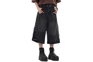 Lafaguw Jean court pour femme et homme - Taille haute - Jambe large - Baggy Jorts Y2K - Décontracté - Pantalon capris en denim - Vêtements d'été grunge.