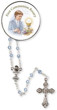 First Holy Communion Rosary Beads Glass / Blue with a Keepsake Metal Box / Boy