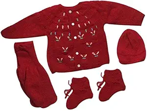 Hand Made New Born Baby Woolen Sweater with Pyjami Cap and Pair of Booties 0 to 6 Months Baby Boys and Girls