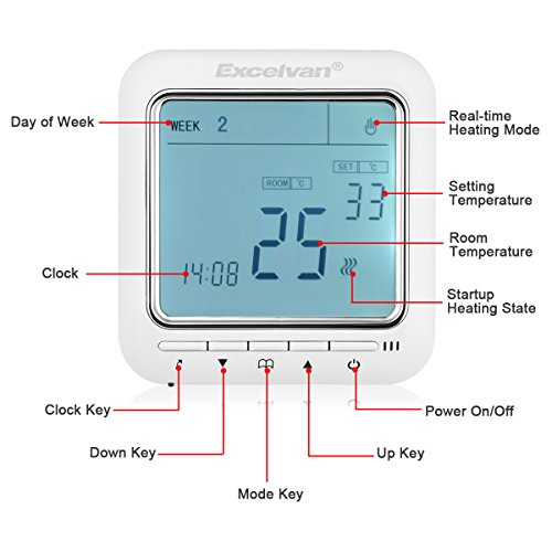 Excelvan Raumthermostat Digital Thermostat LCD Display Frostschutz Temperature Controller für Wandheizung Weiße Hintergrundbeleuchtung - 2