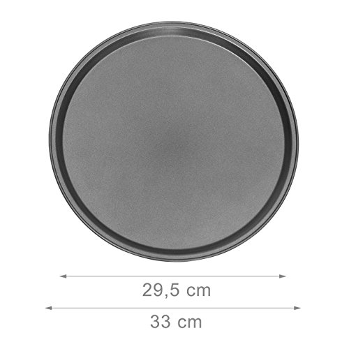 Relaxdays Pizzablech rund 33 cm 4-er Set rundes Backblech mit Antihaft Beschichtung für Pizza und Flammkuchen mit extra großem Durchmesser Pizzabackblech aus Carbonstahl Flammkuchen Blech, anthrazit - 4