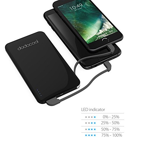 dodocool Mini Bater  a Externa MFI Certificado 5000mAh Ultrafino 2 Puertos Cargador Port  til con Micro USB Cable y Cable de Lightning Desmontable para iPhone 8   8 Plus   X   7   7 Plus   Samsung y otros Negro