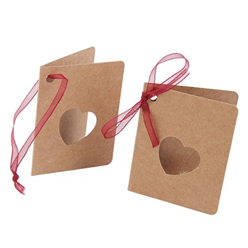 LUOEM Kraftpapier Hang Tag Karte Tag Mit Roten Seil Hohle Herz Lable für Hochzeit Geburtstag Deko Pack of 50 - 5