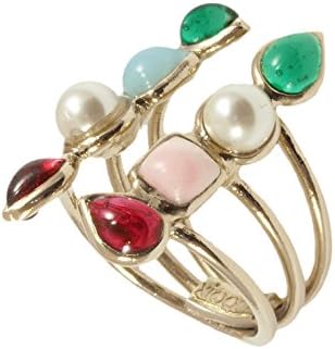 Gripoix Paris Women's Gold Plated Brass Multicolour Stones Round White Pearls Double Geometrical Ring - Size H