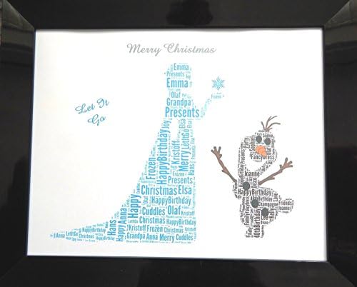 Personalised 'Frozen, Elsa & Olaf' Word Art, Christmas Gift or Birthday Gift.Presented in 8" x 10" Glass Front Frame, Beautiful Unique Gift & Keepsake for any child