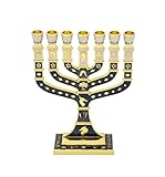 Esmalte Menorah SpringNahal Esmalte Menorah en Plata de Ley con Color Azul Marino Oscuro y Oro de 12 tribus de Israel