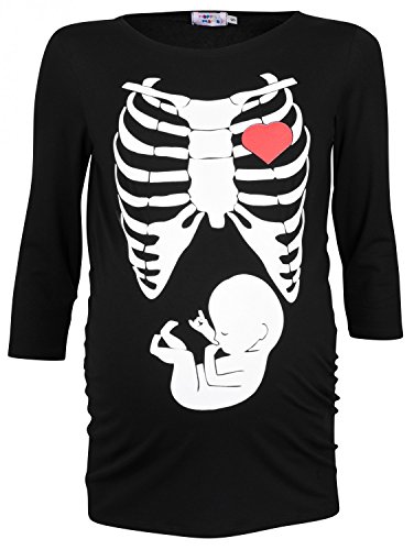 Happy Mama Woman's Maternity Halloween Baby Skeleton Ribs Print T-shirt Top 615p (Black, UK 16/18)