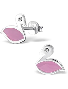 Kinder-Ohrringe aus Sterling-Silber 925/000rhodiniert, Kristall und Epoxidharz–Schwan–rosa