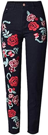 Byjia Womens Jeans Disco High Waisted Skinny Denim Stretchy 3D Color Dimensional Embroidery Roses Loose Straight Pants Trouser . Black . 44