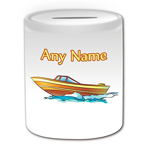 Personalised Gift - Motorboat on Water Money Box (Transport Design Theme, White) - Any Name / Message on Your Unique - Saving Piggy Bank - Water Speedboat Powerboat Engine Go-fast Boat Race Yacht Cruiser
