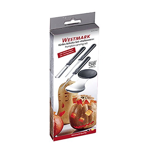Westmark Dekorations-Schnitz-Set für Kürbisse und Melonen, 4-tlg., Mit Schnitz-Vorlagen, Rostfreier Edelstahl/Kunststoff, Halloween, Schwarz/Silber, 51282260 - 5